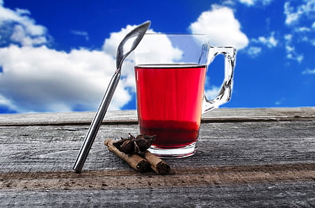tee, Cup, teabag, muki, lasi, pilvistä, sininen