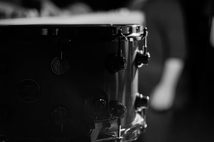 grayscale, foto, perangkap, drum, hitam dan putih, set, musik