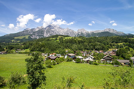 mountains, salzburg, bergdorf, village, homes, clouds, dom