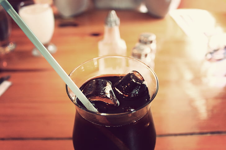 clear, glass, cup, filled, black, liquid, straw