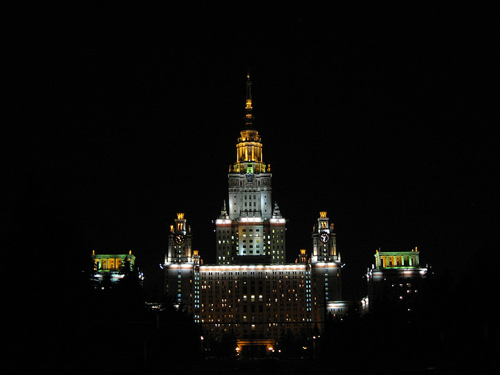 มอสโก, รัสเซีย, คืน, ตอนเย็น, ไฟ, สวยงาม, มหาวิทยาลัย