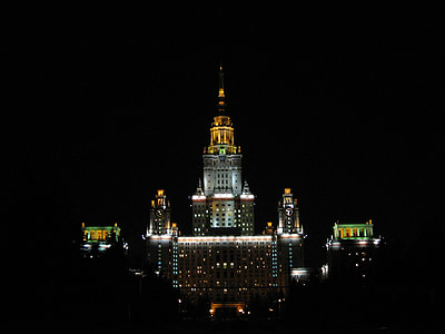 Moscú, Rusia, noche, noche, luces, hermosa, Universidad