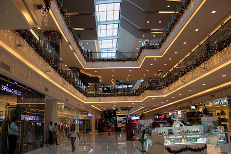 corredor de shopping, centro comercial, centro comercial, fazer compras, luzes, padrão, piso
