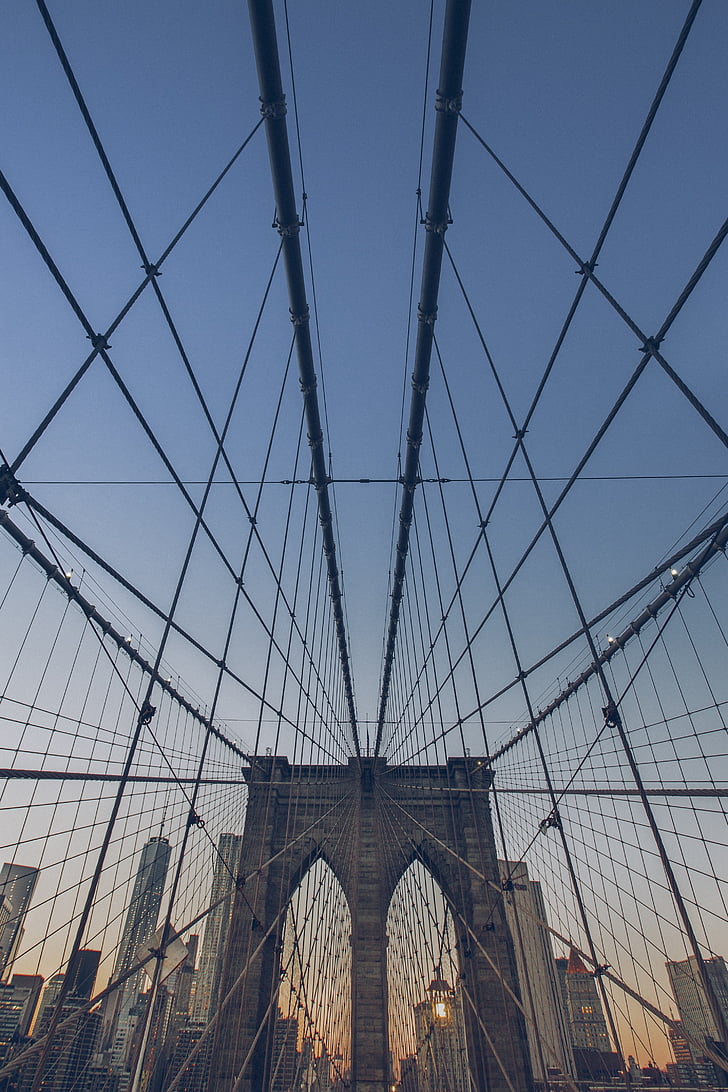 кафяв, окачване, мост, снимка, Бруклинския мост, синьо небе, архитектура