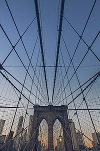 kahverengi, süspansiyon, Köprü, Fotoğraf, Brooklyn Köprüsü, Mavi gökyüzü, mimari