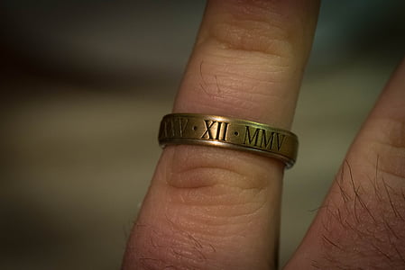 anel, acessório, Data, numerais romanos, dourado, joias, moda