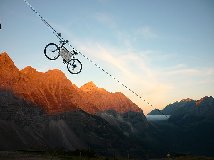 Sepeda gunung, alpenglühen, matahari terbit, puncak gunung, layar latar belakang, pemandangan, Fajar