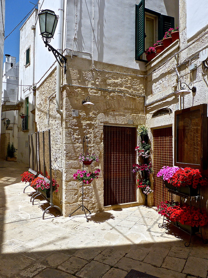 alley, flowers, narrow, mediterranean, entrance, residential, urban
