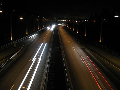 Nočné svetlá, cestné, autá, tmavé, noc, mesto, Urban