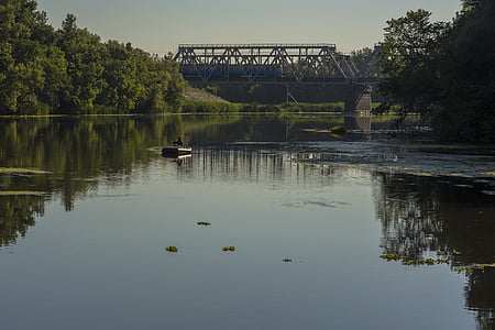 ukraine, river, bridge, railway, train, boat, fisherman