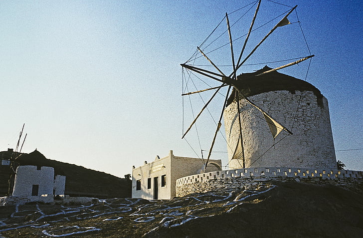 greece, ios, greek island, windmill, evening sun, somaia, cyclades