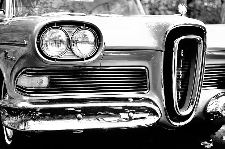 antique, automobile, automotive, black-and-white, bumper, car, classic