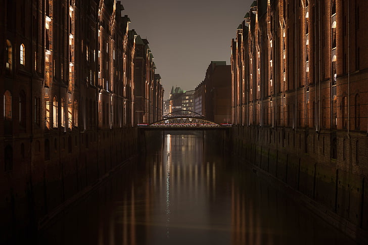 hamnstaden, Hamburg, Elbe, hamn, reflektion, natt, inga människor