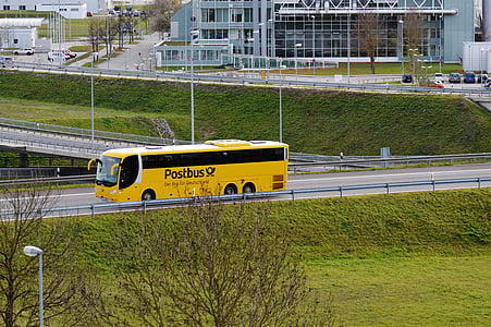 バス, イエロー, 投稿, 道路, ミュンヘン空港, 交通