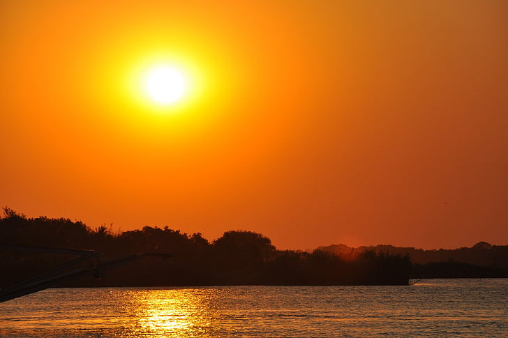 sunset, zambezi river, zimbabwe, river, sky, orange, sun
