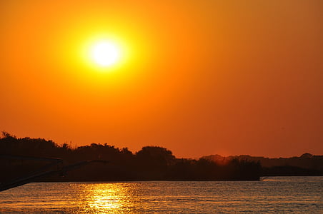 posta de sol, Riu Zambezi, Zimbabwe, riu, cel, taronja, sol