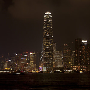 Hong kong, Ķīna, pilsēta, pilsētās, debesskrāpju, siluets, naktī