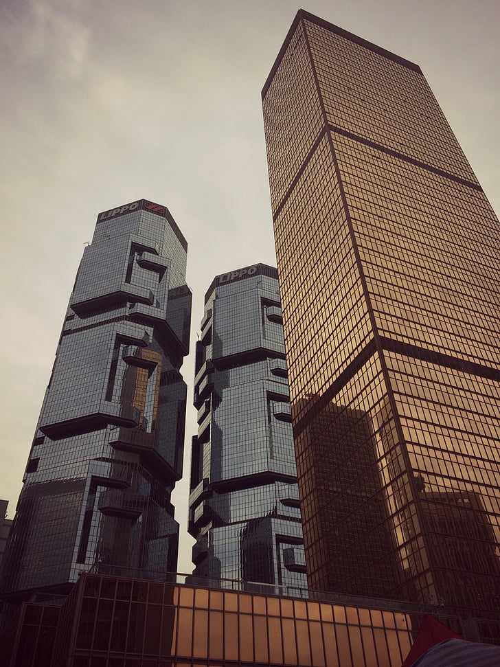tři, vysoká, vzestup, budovy, Hong kong, Architektura, věže