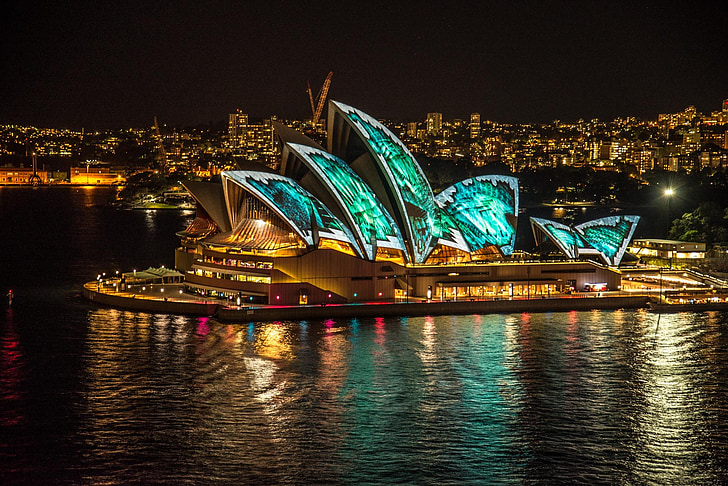 Sydney, Austrálie, ostré lightshow, Opera house, noční, známé místo, Sydney opera house