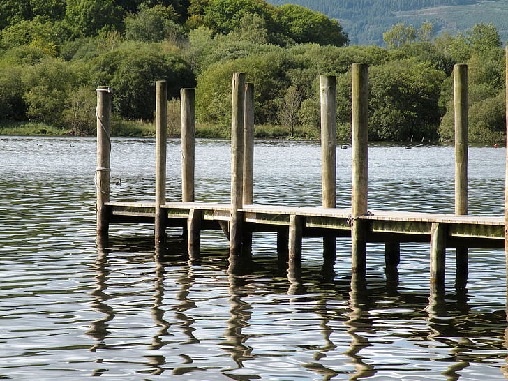 dock, pier, pilings, lake, water, wooden, reflections