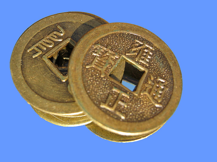 монета, китайська, отвір, удачі, метал, символи, монети