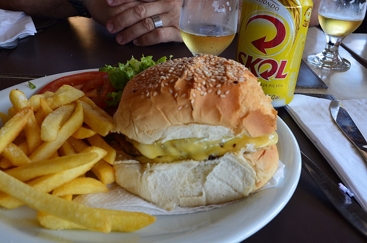 fast food, burger, french fries, beer, bar