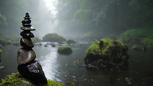 cairn, fog, mystical, background, river, stones, moss