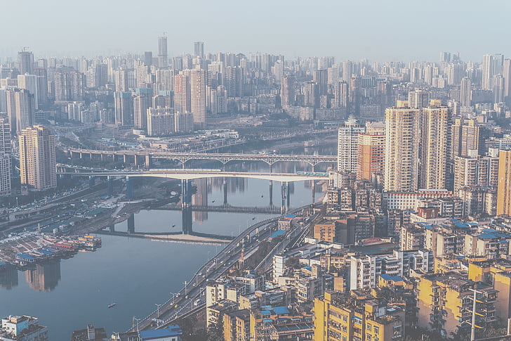 kõrge, tõus, hoonete, Bridge, jõgi, päevasel ajal, Hiina