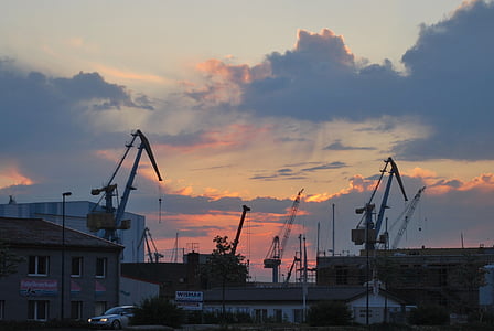 clouds, sky, cloud, crane, cranes, baukran, port