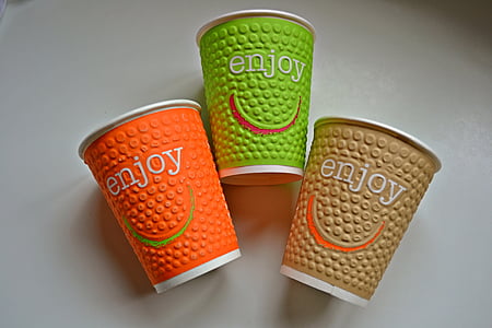 drinking cups, cardboard, coloured, colorful, smiley, joy, luck