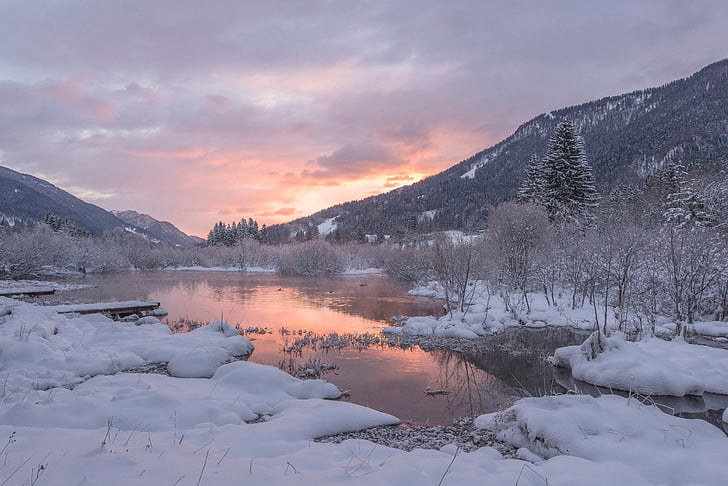 river, water, snow, ice, winter, cold, sunset