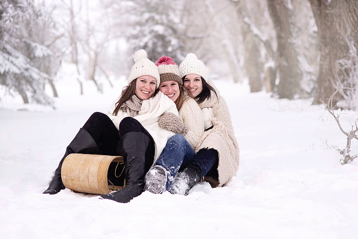 κορίτσια, ευτυχία, Ευτυχισμένο, χαρά, έλκηθρο, έλκηθρο, χιόνι