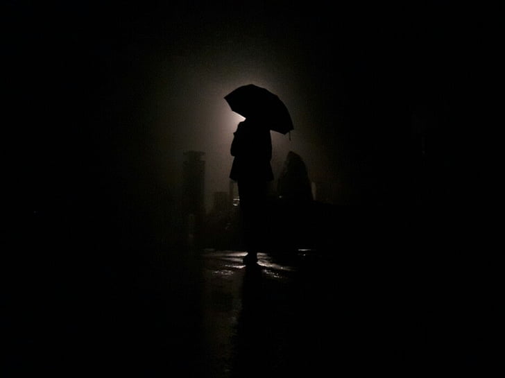 notte, ombrello, non, luci, vista di notte, sagoma, scuro
