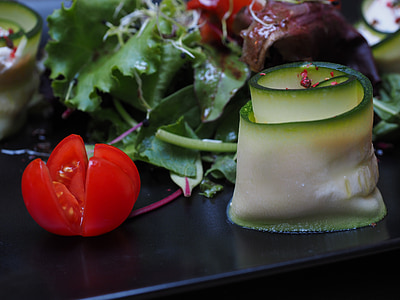 saláta, enni, Starter, paradicsom, uborka, díszített, művészien
