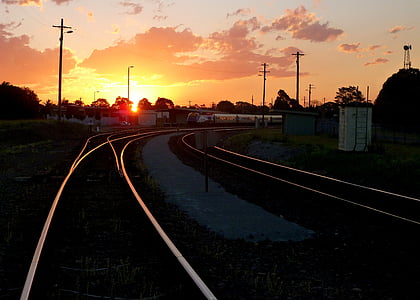on track, railway track, railway, sunset, train, train station, railroad