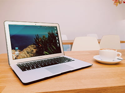 apple, macbook air, laptop, computer, wood, table, chairs