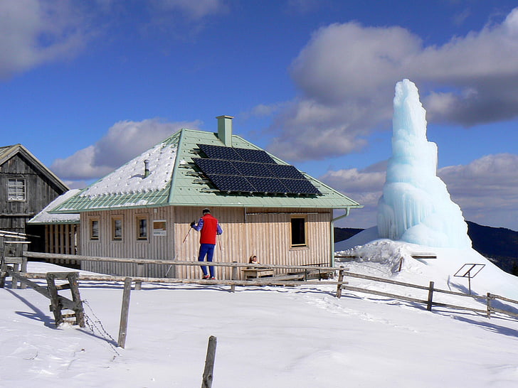 cottage, winter, snow, alpine skier, ice, column, panoramaloipe