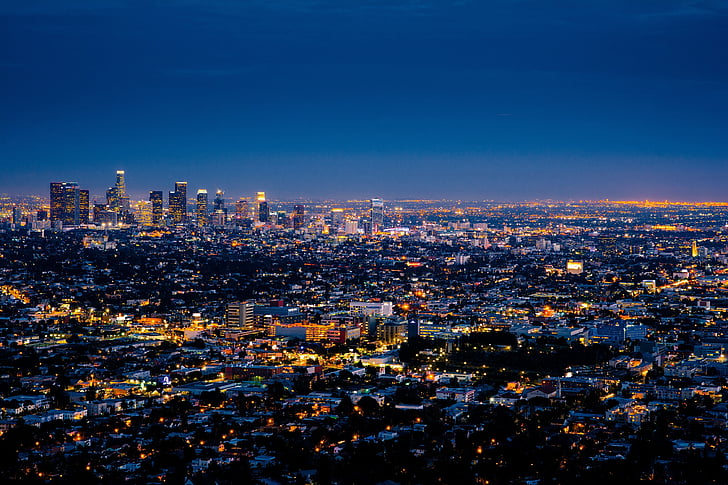 város, Los Angeles-i, utca-és városrészlet, Skyline, belváros, felhőkarcoló, éjszaka