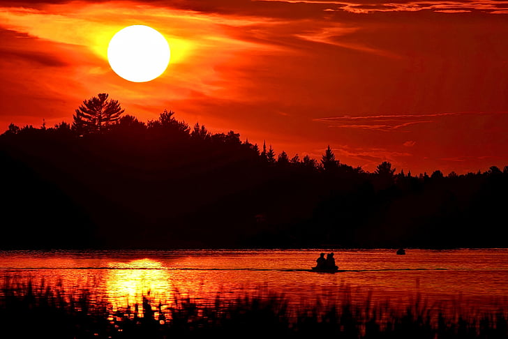 Západ slunce, soumrak, krajina, rybáři, večer, slunce, voda