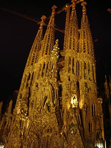 Sagrada familia, kyrkan, natt, Spanien, Barcelona