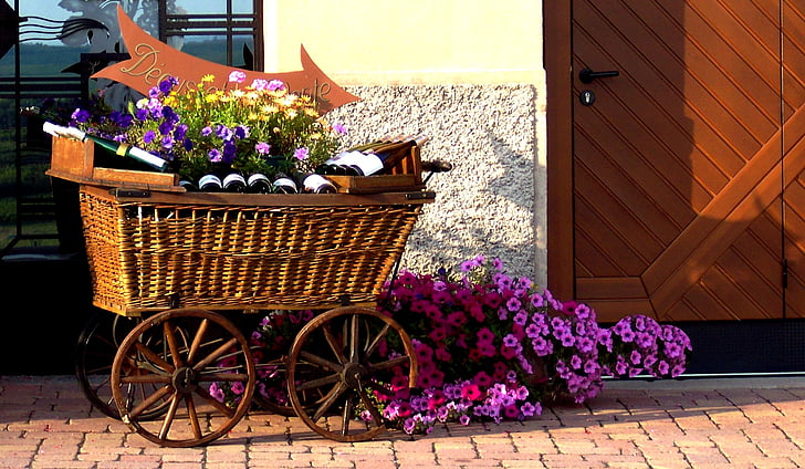 alsace, bottles, wine, cart, wicker, flowers