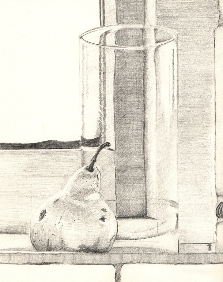 pencil, graphite, still life, glass, pear, drawing, illustration
