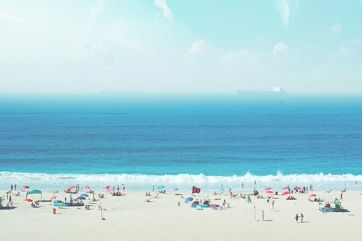 people, white, sand, beach, blue, waters, umbrellas