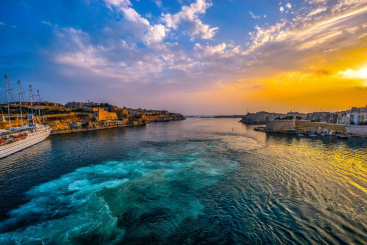 Malta, Porto, pôr do sol, céu, mar, Mediterrâneo, Baía