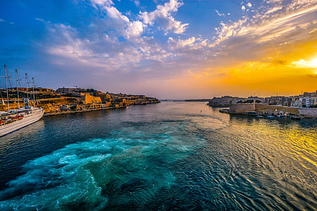 Malta, Pelabuhan, matahari terbenam, langit, laut, Mediterania, Bay