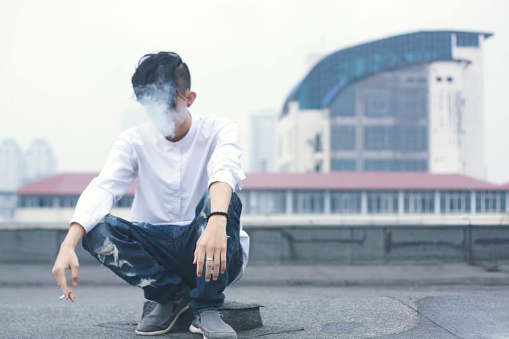 Възрастен, мъгла, цигара, град, мода, мъж, модел