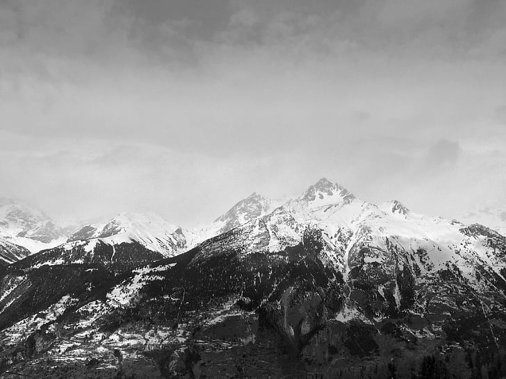 black-and-white, cold, landscape, mountain, outdoors, rocky mountain, scenic