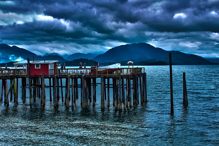 docks, moody, blue, ocean, cast, fishing, hdr