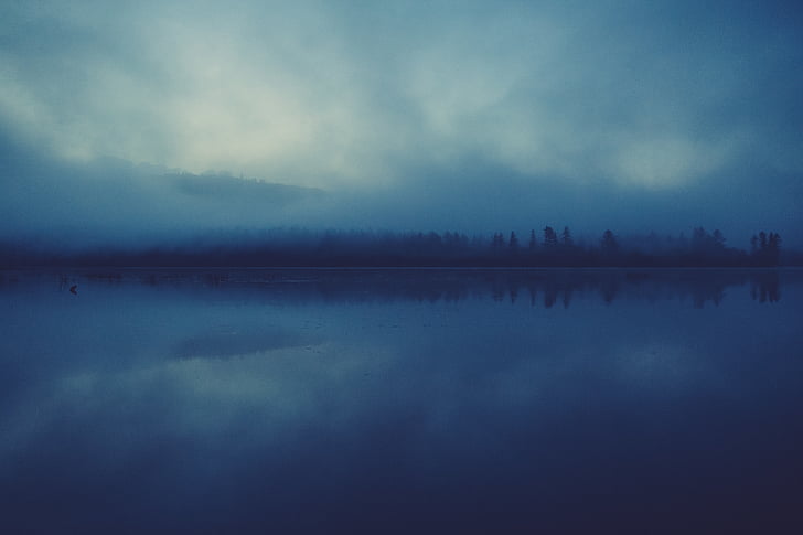тяло, вода, мътен, снимка, езеро, отражение, мъгла