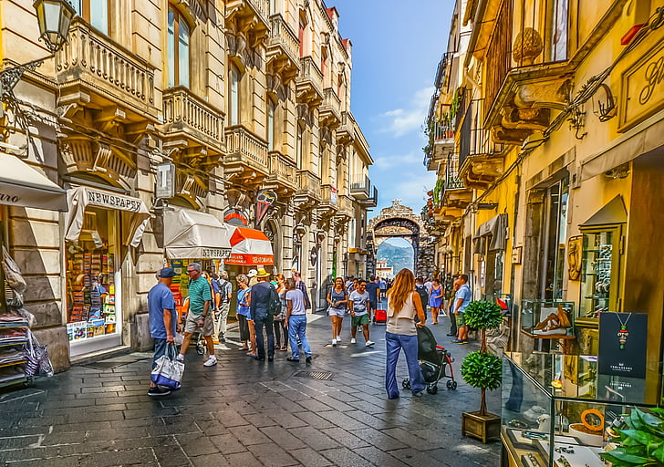 Sicilia, Taormina, Street, scenen, byen, reise, turisme